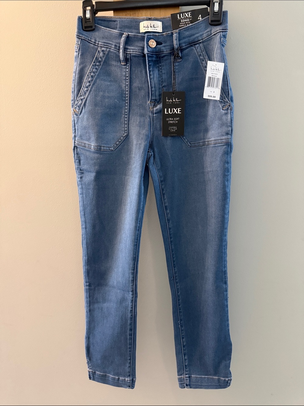 Luxe SOHO High-Rise, Slim Ankle Stretch Jeans in Medium Blue, NWTs